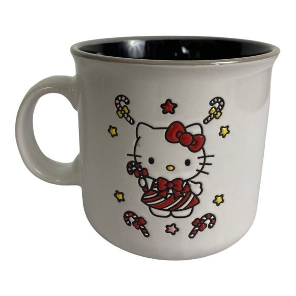Hello Kitty Christmas Mug Black Interior Candy Canes Cat Bow Star 20 oz. New - Picture 2 of 7